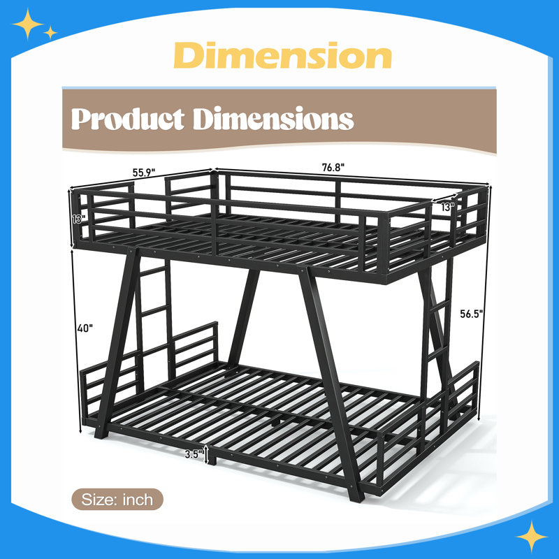 Metal Bunk Bed with Spdcial Support Leg Design, Low Profile Bunk Bed, Full Over Full