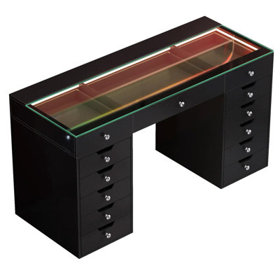 Makeup Vanity Desk HD Glass Top Built-in LED Light Strips Large 13 Drawers