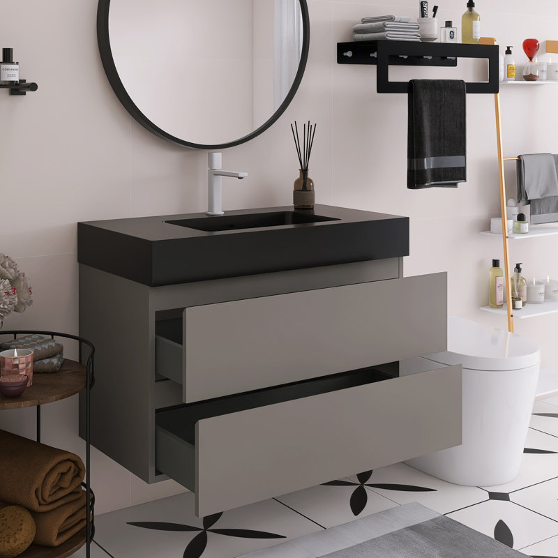 Meuble-lavabo flottant mural 36 po avec lavabo, Gris, Noir