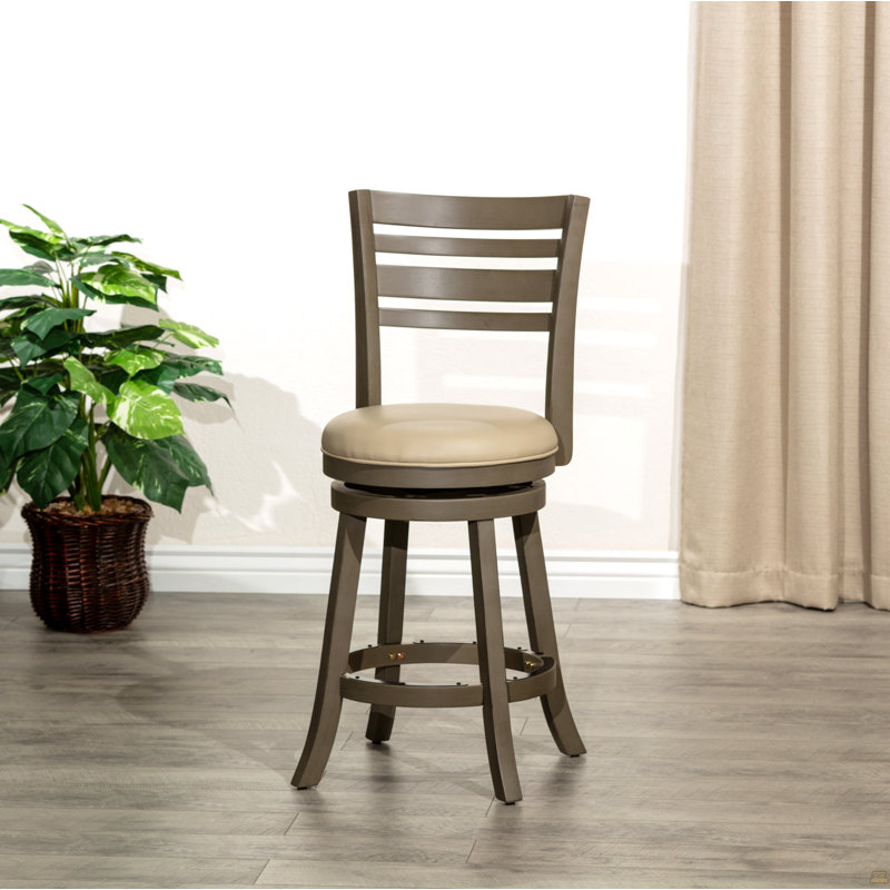 Tabouret pivotant à dossier et à lattes de 24 po de hauteur comptoir, finition gris patiné, siège en cuir gris français
