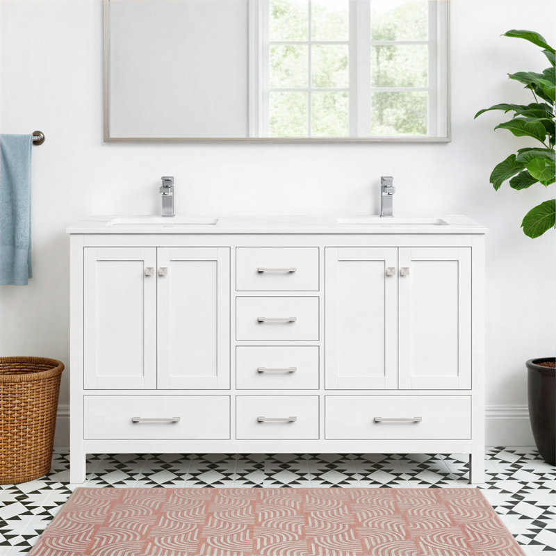 Meuble-lavabo autoportant 60 po Anvay en blanc mat avec plateau en marbre de Carrare, Marbre de Carrare blanc, Blanc mat