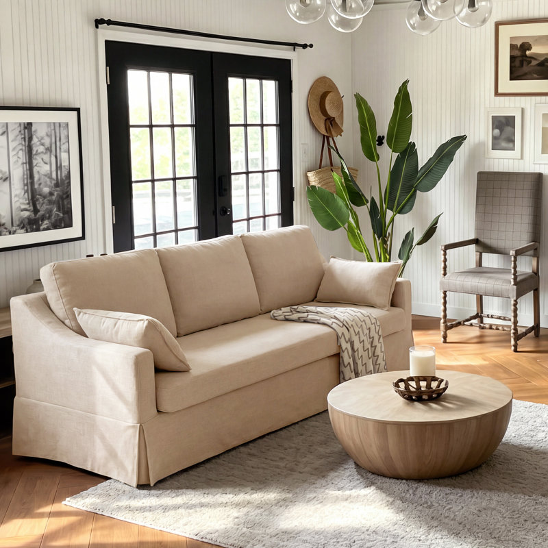 81'' W Upholstered Line Look Farmhouse Slipcover Couch Sofa , Khaki