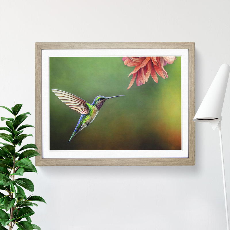 Floral Hummingbird Vol.4 - Single Picture Frame Painting, 25cm H x 34cm W x 2cm D, Oak
