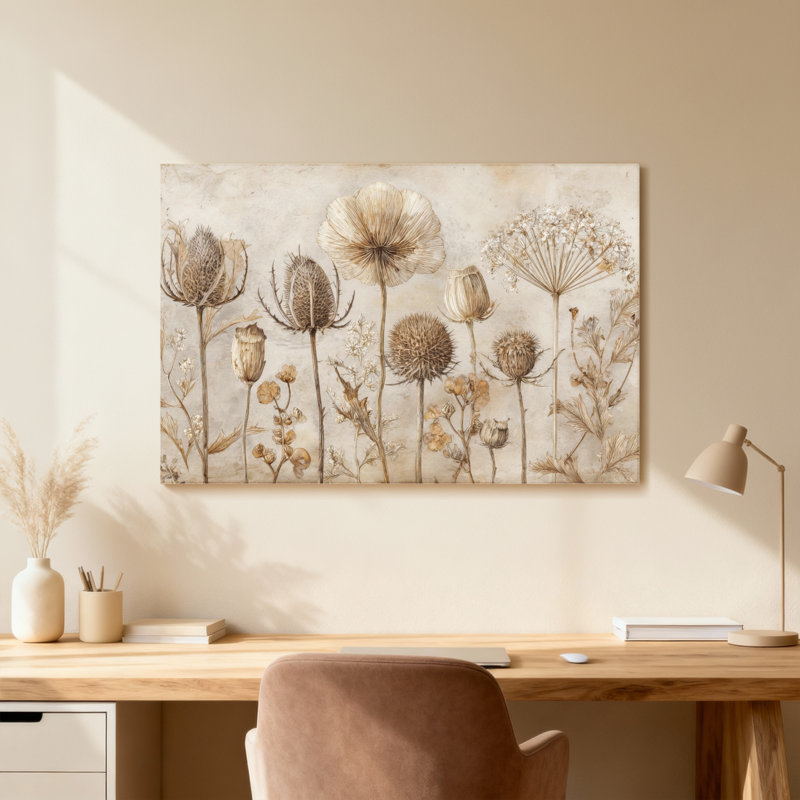 Plantes et fleurs, fleurs séchées, arrangement botanique, tons neutres, reproduction artistique, H 20 po x l 30 po