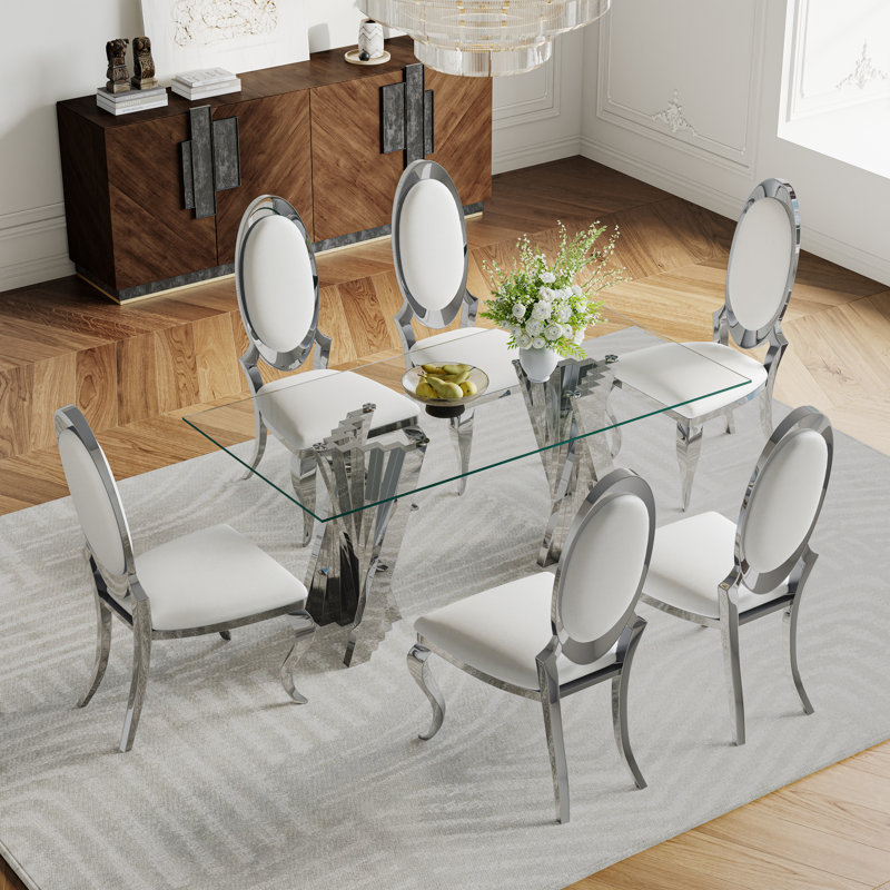 7- Piece Dining Set, Gold, White/Silver