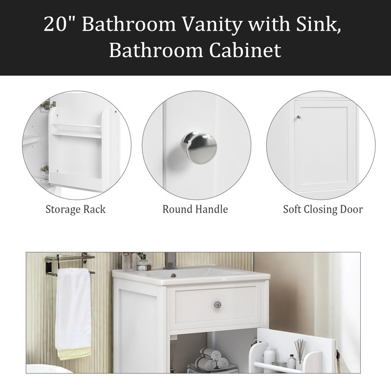 Meuble-lavabo de 20 po avec lavabo, armoire de salle de bain avec porte à fermeture douce, support de rangement et tablette réglable, blanc