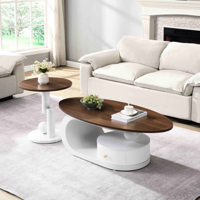 Luxury Nesting Coffee Table - White Oval And Round Tables For Living Room, Elegant Design, Steel Frame, Flexible Use In Space 2 Piece Centre Side Tables, Stable, Slip Pads