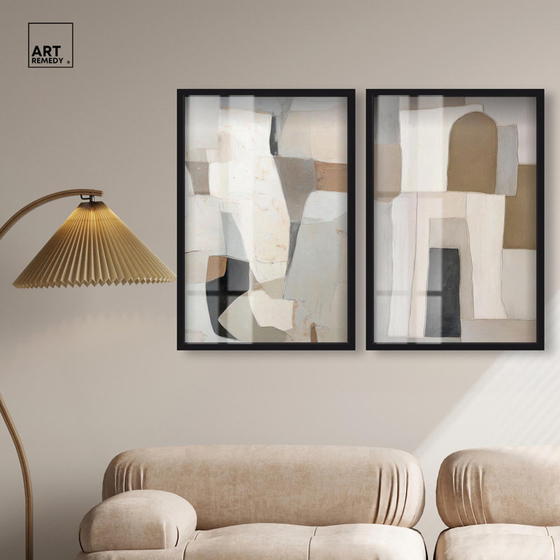 Ancient Monastery Abstract Shadowbox Print Neutral Boho Art Set by Art Remedy, Black Frame, 10 x 15, H 31 po x l 21 po