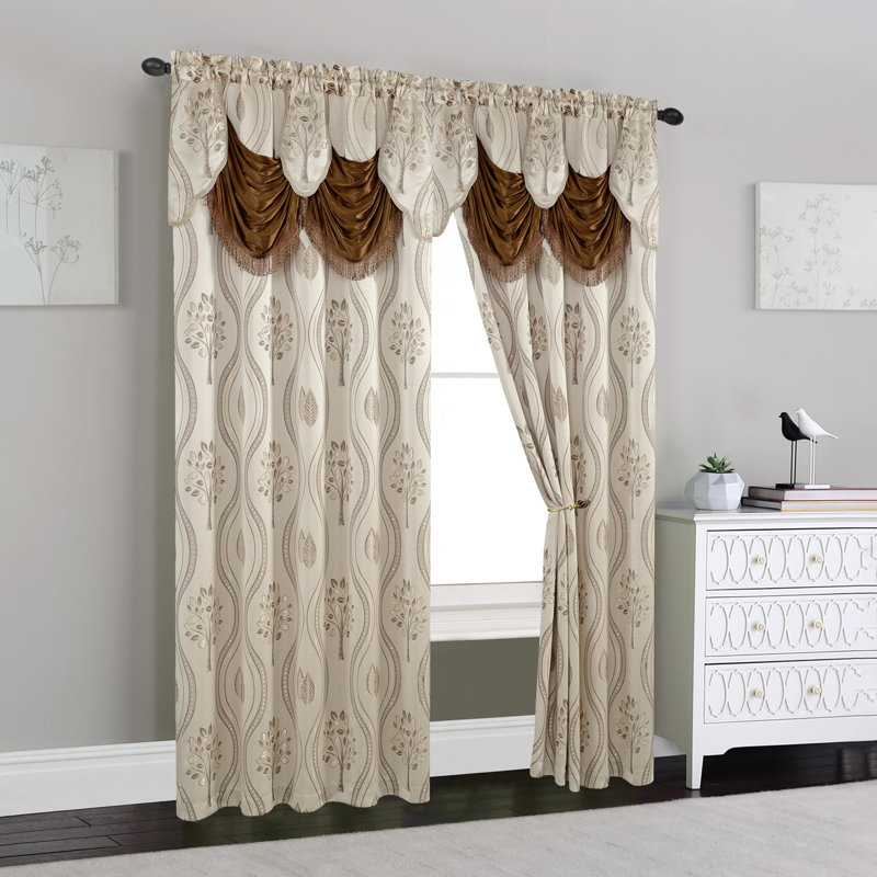 Elegant Comfort Jacquard Look Curtain Panel Set with Attached Valance 54" X 84 inch (Set of 2), Beige