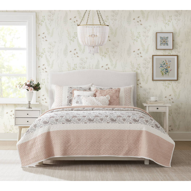 Ensemble de courtepointe en percale de coton 6 pièces avec coussins décoratifs Dawn, Rougir