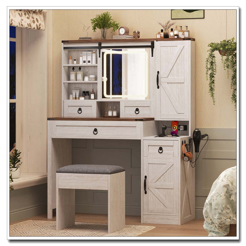 Farmhouse Vanity Desk With Sliding Mirror And Lights, Vanity Set With Glass Top And Charging Station ,Dressing Table With 4 Drawers And 2 Cabinets, Dressing Table With Stool For Bedroom