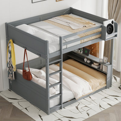 Queen Size Wooden Bunk Bed with Built-in Shelves, Storage Box, LED Light, and USB Charging Station, Grey