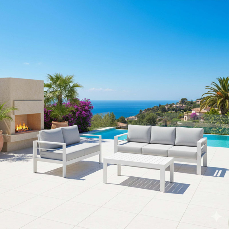Ensemble de conversation de patio moderne en aluminium avec coussins luxueux et table WPC, Coussin gris / Cadre blanc