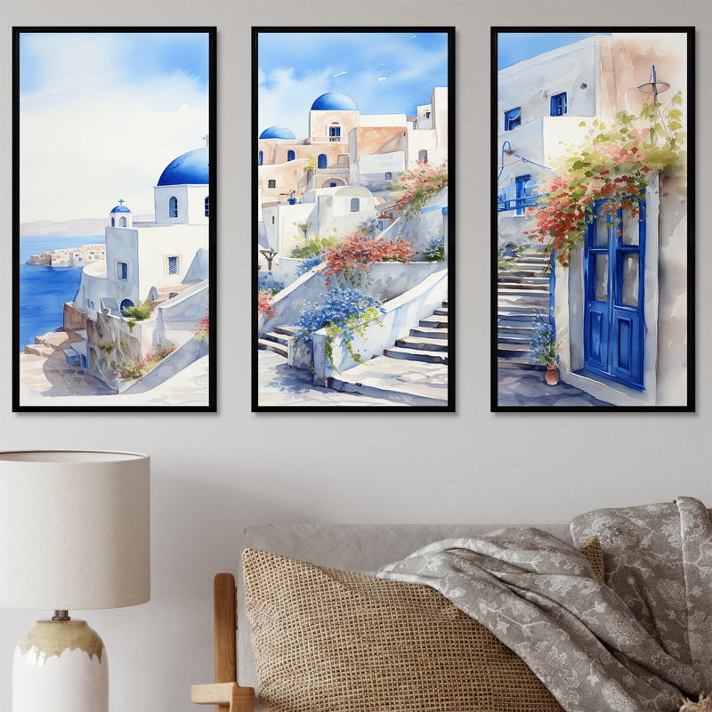 «Blue and White Santorini Village I», art mural Grèce, H 28 po x l 36 po x P 1 po, Cadre flottant noir
