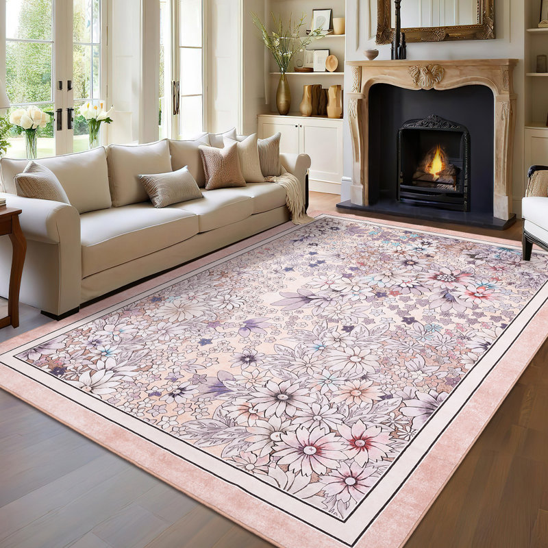 Washable Boho Floral Area Rug - Vintage Low Pile, Non-Slip Carpet for Living Room, Bedroom, Dining Room, Kids Playroom, Farmhouse