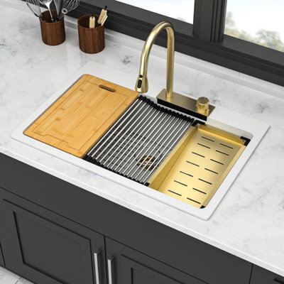 33"X22" Kitchen Sink - White Quartz Composite With Waterfall Feature & Pull-Out Faucet For Workstation And Assorted Accessory Combos 33X22" Charm, Aggregations