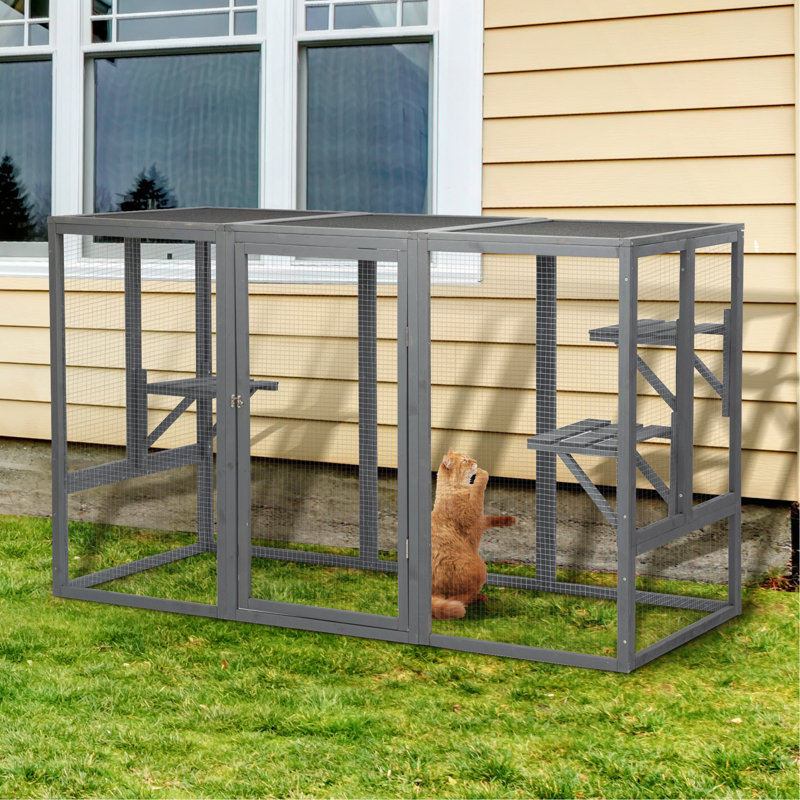Cage à chat spacieuse en bois avec toit imperméable et pédales réglables - gris noir