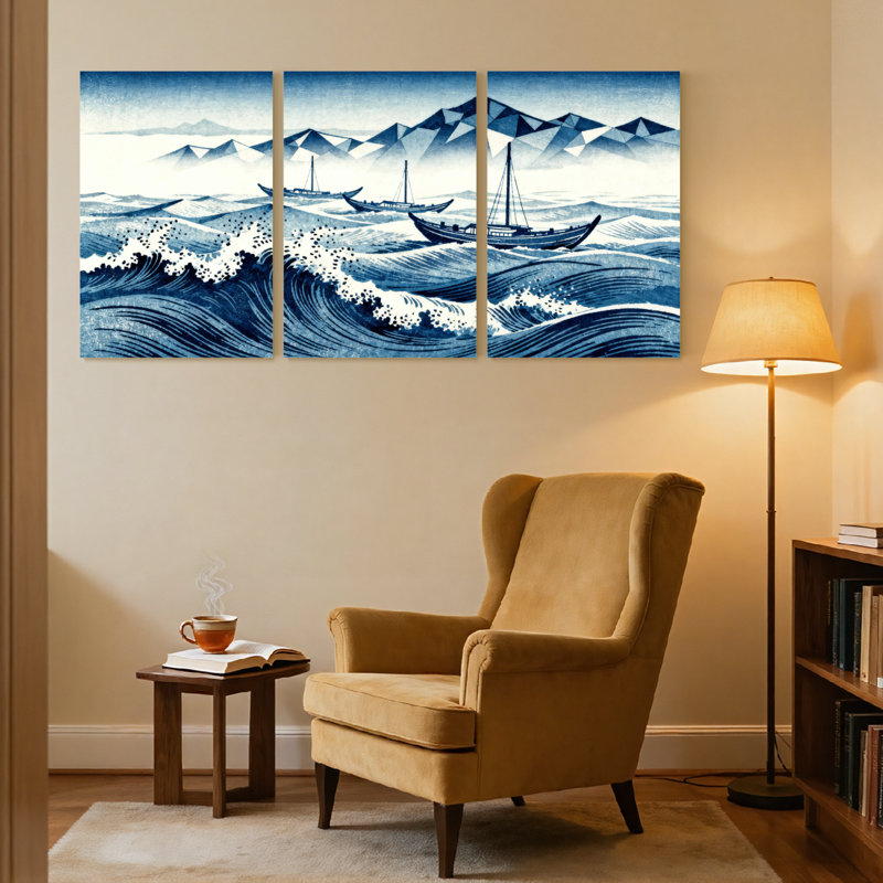 Ensemble de 3 impressions sur toile Blue Waves, H 24 po x l 48 po