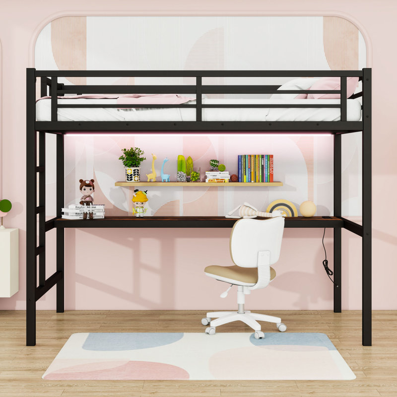 Metal Loft Bed With Integrated Desk, Charging Station And LED Lighting, Extra-Long Twin