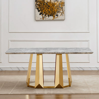 Marble Dining Table For 6 People, 70'' Rectangle Faux Marble Dining Table With Mirrored Finish Stainless Steel Base, Modern Large Size Marble Kitchen Table (Gold,Gray)