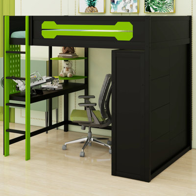 Lit mezzanine multifonctionnel en bois avec bureau, garde-robe ouverte et éclairage RVB