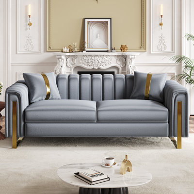  85" 3 Seater Modern Gradient Velvet Sofa with Gold Accent Arms