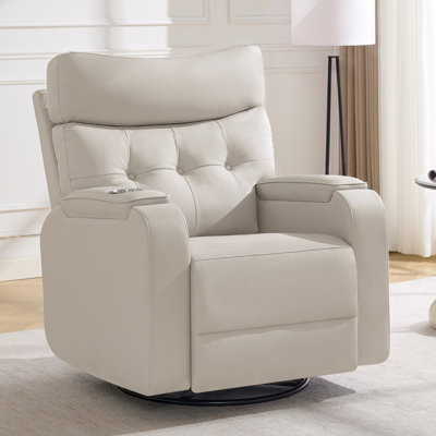 Fauteuil inclinable électrique surdimensionné en similicuir moderne avec pivot et bascule, massage et chaleur, double bras de rangement, porte-gobelet, minuterie et port Type-C