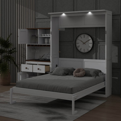 Queen-Sized Wall-Embedded Murphy Bed With Storage Cabinet, Wine Shelf, Glass Rack, Drawers, Plus LED Illumination