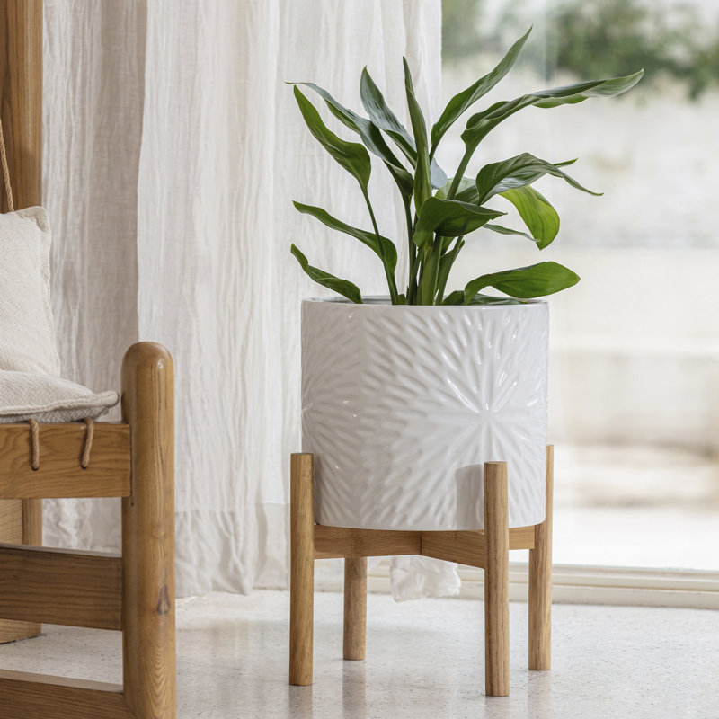 Elayna Ceramic Planter with Wood Stand, 15.6" H x 10" W x 10" D, White