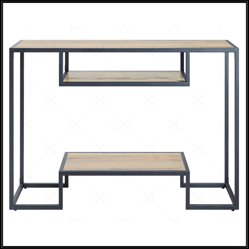 Rustic Oak And Black Console Table With 2 Shelves, Perfect For Industrial Decor And Extra Storage