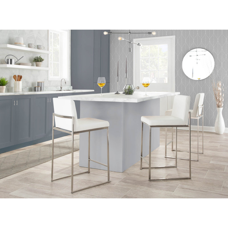 Brieon High Back Faux Leather Bar & Counter Stool, Counter Stool (26" Seat Height), White/Stainless Steel