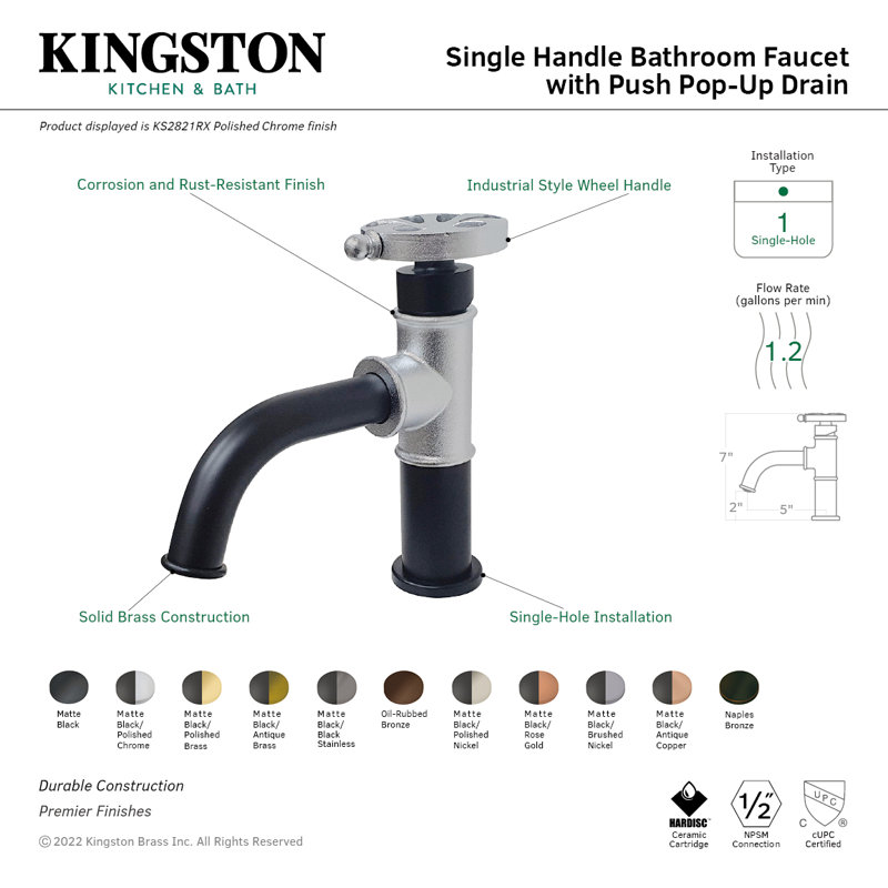 Kingston Brass Belknap Single-Handle 1-Hole Deck Mount Bathroom Faucet with Push Pop-Up, Naples Bronze