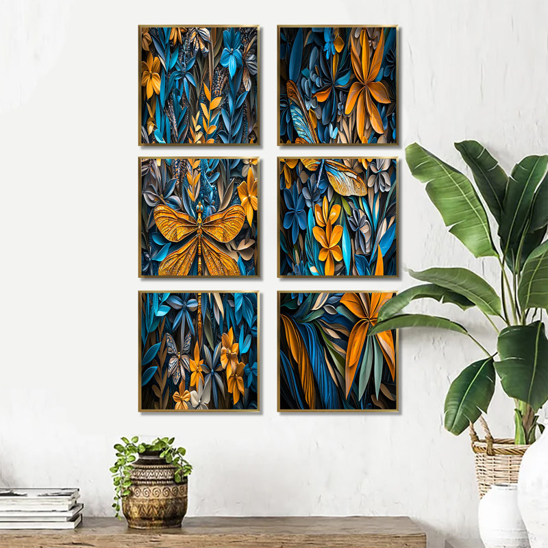 «Blue and Yellow Dragonfly Rainforest Radiance - Dragonfly», ensemble d'art mural sur toile, Doré