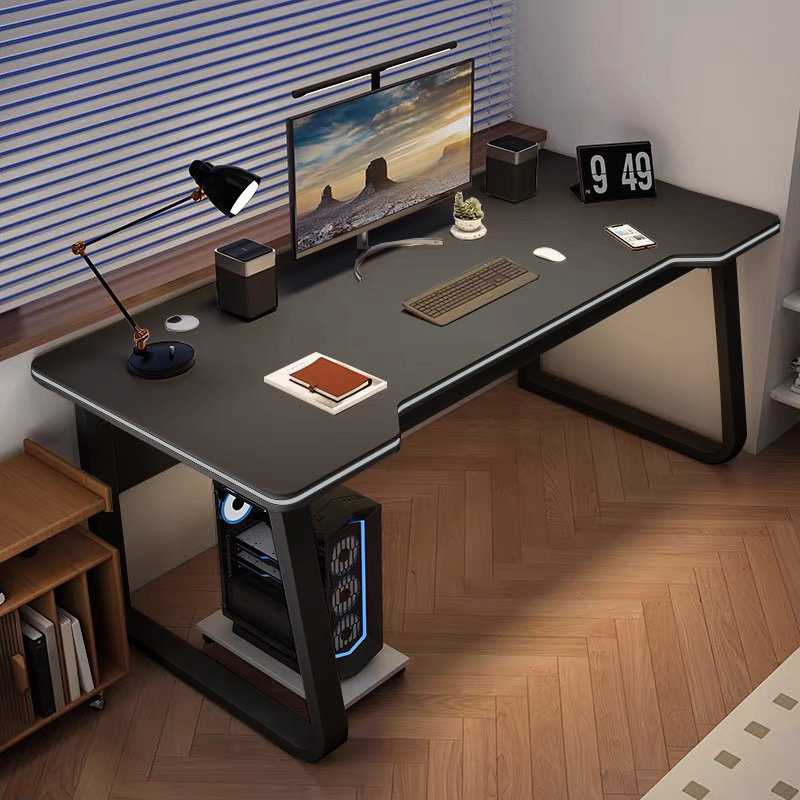 Bureau d'ordinateur de jeu moderne et épuré de 140 cm (55,12 pouces), structure en acier, bords incurvés, noir., Noir