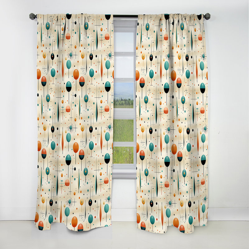 Beige rétro moderne géométrique Matrix I - Rideau occultant géométrique abstrait en velours - 1 panneaux, L 52 po x L 84 po