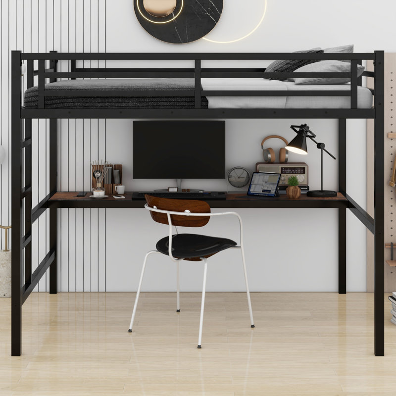 Lit mezzanine en métal avec éclairage à DEL intégré et prise de courant