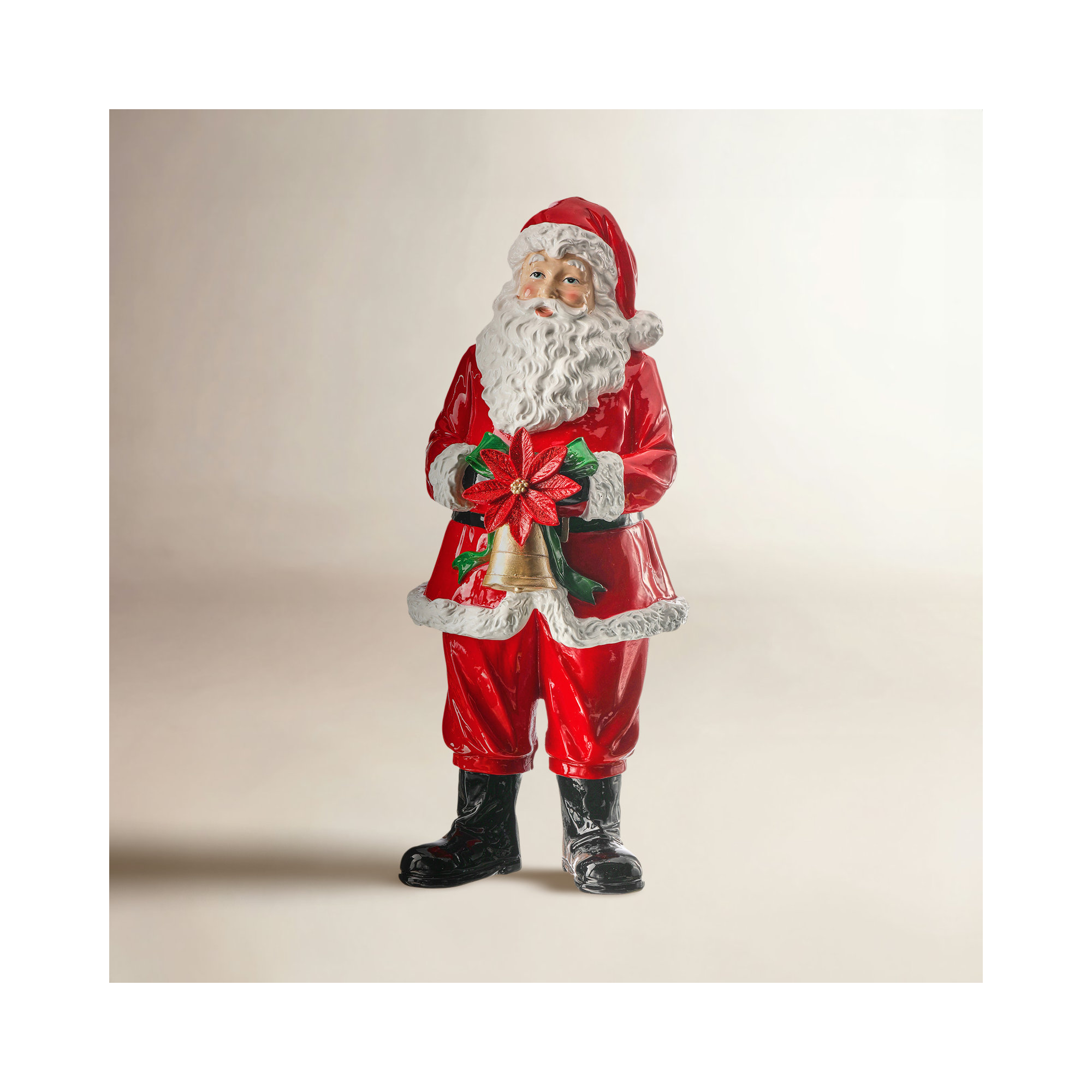 15" Resin Santa With Bell and Poinsettia