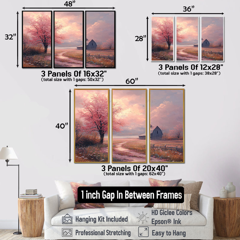 Paysage de ferme dans des tons de rose et de bleu - ensemble d'art mural de ferme, H 28 po x l 36 po x P 1 po