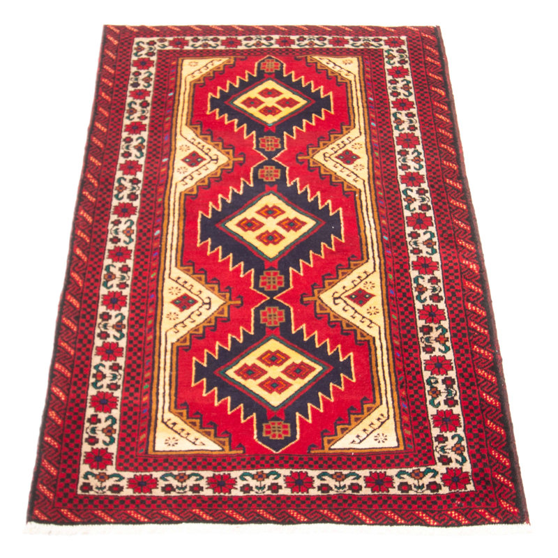 Tapis rouge en laine noué à la main de conception unique 3 pi 6 po x 6 pi 11 po New Age