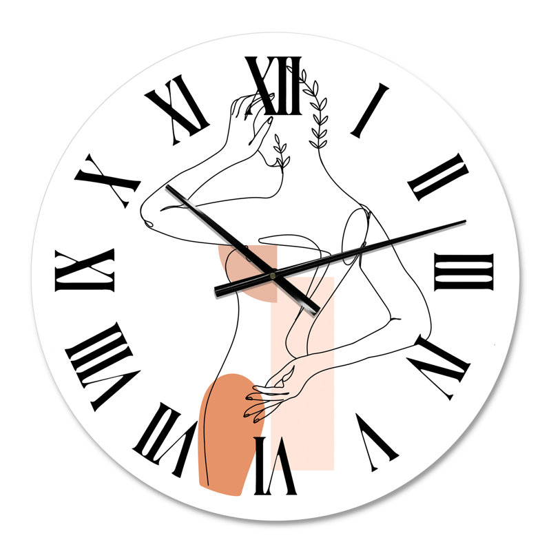 One Line Portrait de femme avec feuilles et formes II - horloge murale moderne, Surdimensionné