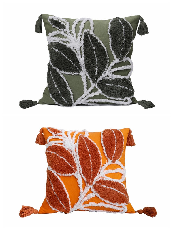 (Couvertures avec insertions) Ensemble de 2 coussins décoratifs à motif de feuilles, Noir / Orange