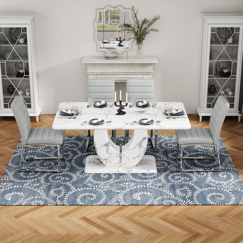 Dining Table set with PU Leather Upholstered Chairs, 5 Pieces: Table, 4 Chairs, Light Gray, Silver
