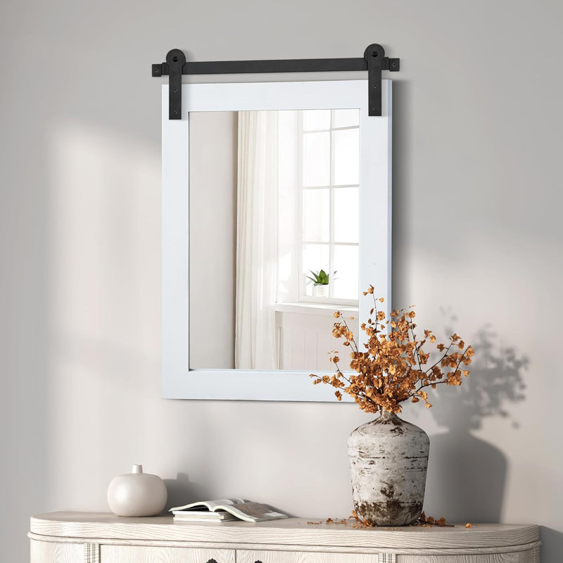 Rural Farmhouse Barn Bathroom Mirror - Wooden Frame Wall Mirror, Rectangular Wall Decorative Mirror, Metal Bracket Decorative Barn Door Style Mirror For Bathroom Entrance, Living Room And Bedroom