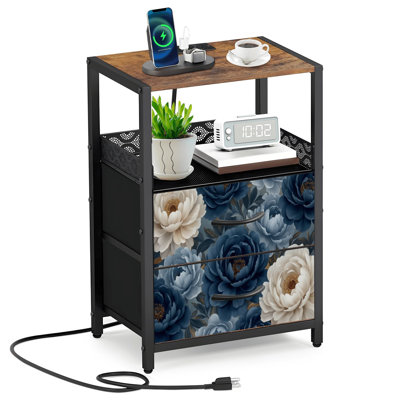Table de chevet 2 tiroirs en tissu avec station de charge élégante table de chevet à pivoines bleu clair foncé et réaliste avec ports USB et prises USB