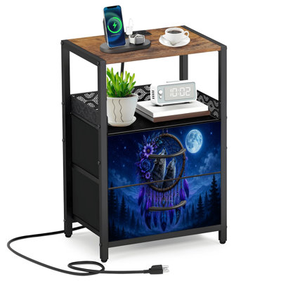 Table de chevet 2 tiroirs en tissu avec station de charge aquarelle Wildlife Wolf