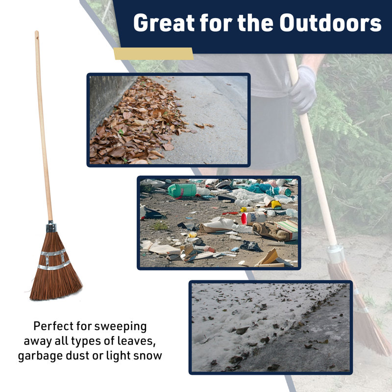 Outdoor Broom Heavy Duty 57” Broomstick With 12” Wide Brush - All Natural Water And Fire-Resistant Piassava Bristles And Wood Handle Brooms For Sweeping Indoor Garage And Garden By Kings County Tools