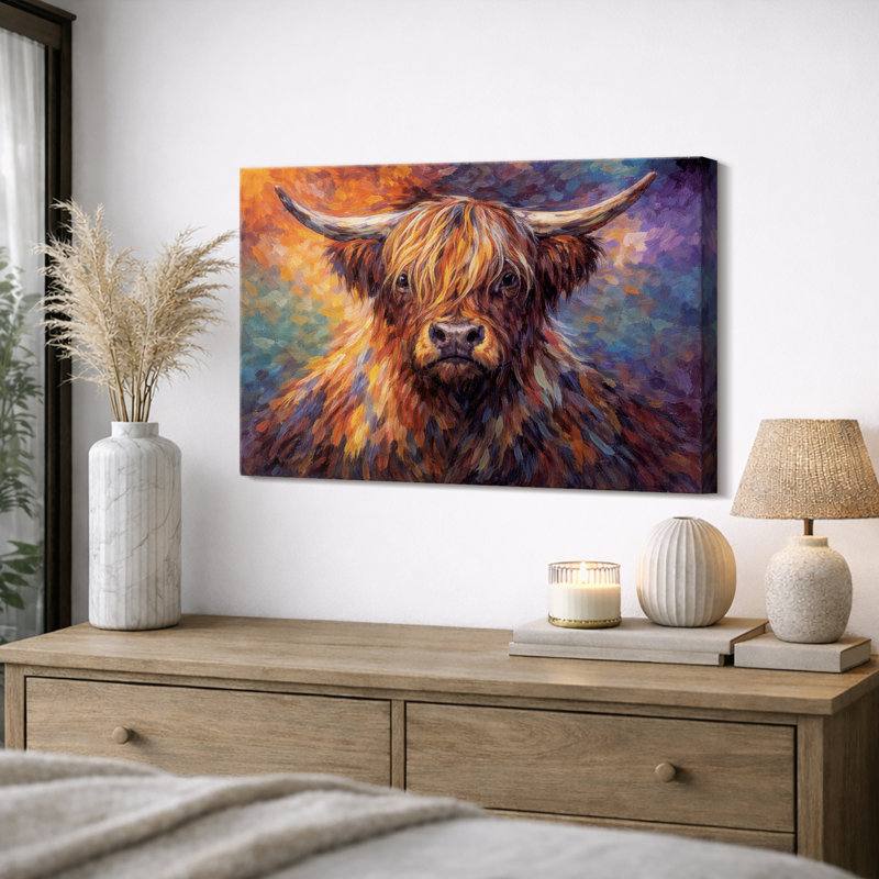 «Highland Cow», art animalier coloré, impression sur toile encadrée, H 24 po x l 36 po x P 1,5 po, Toile tendue