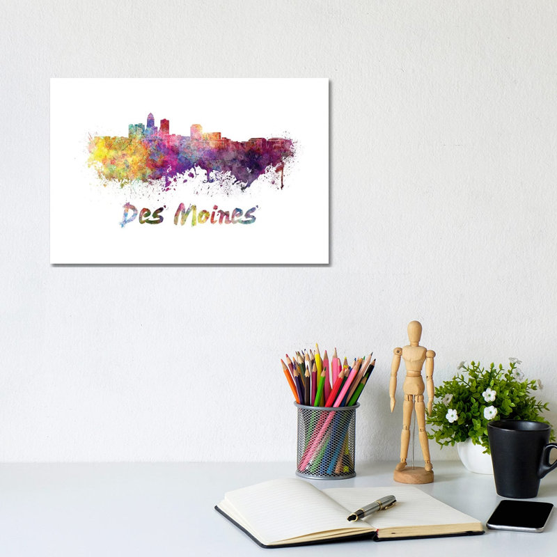 Des Moines Skyline In Watercolour by Paul Rommer - Wrapped Canvas Print, 20.32cm H x 30.48cm W x 1.91cm D