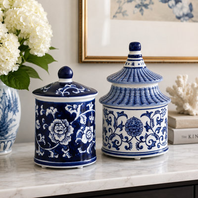 Set of 2 Ceramic Lidded Scented Candles for Coffee Table, Bookshelf, or Bedroom Decor - Beverly Beach & Plumeria - Blue & White