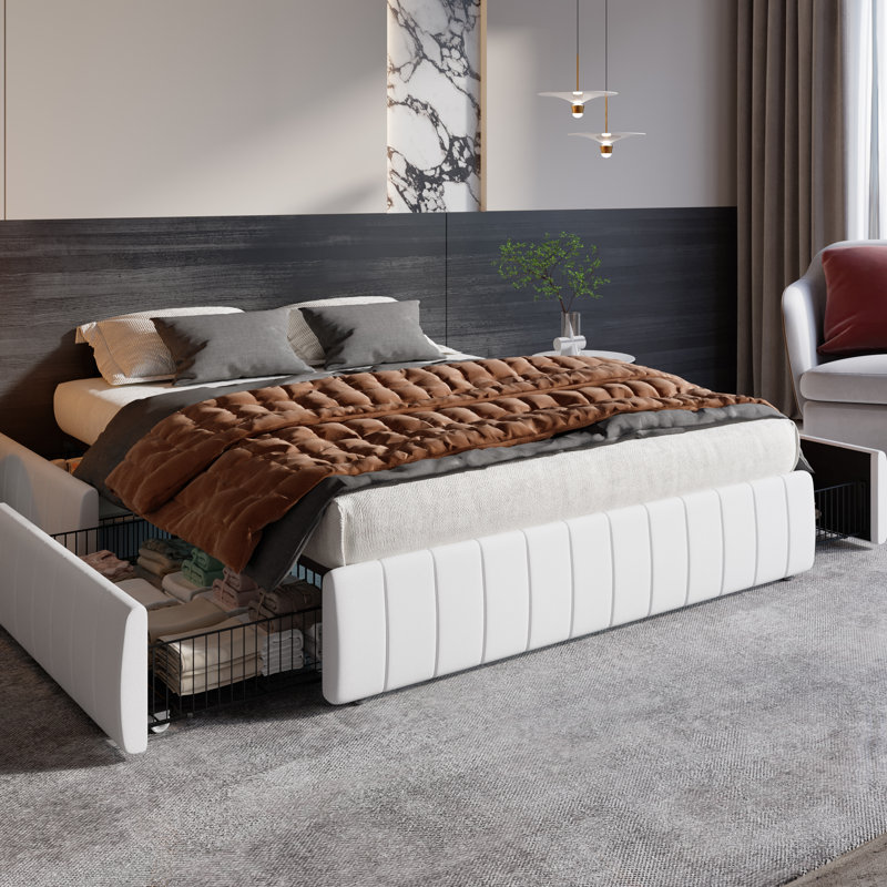 Lit plateforme tapissier avec 4 tiroirs verrouillables Modern, Complète, Blanc